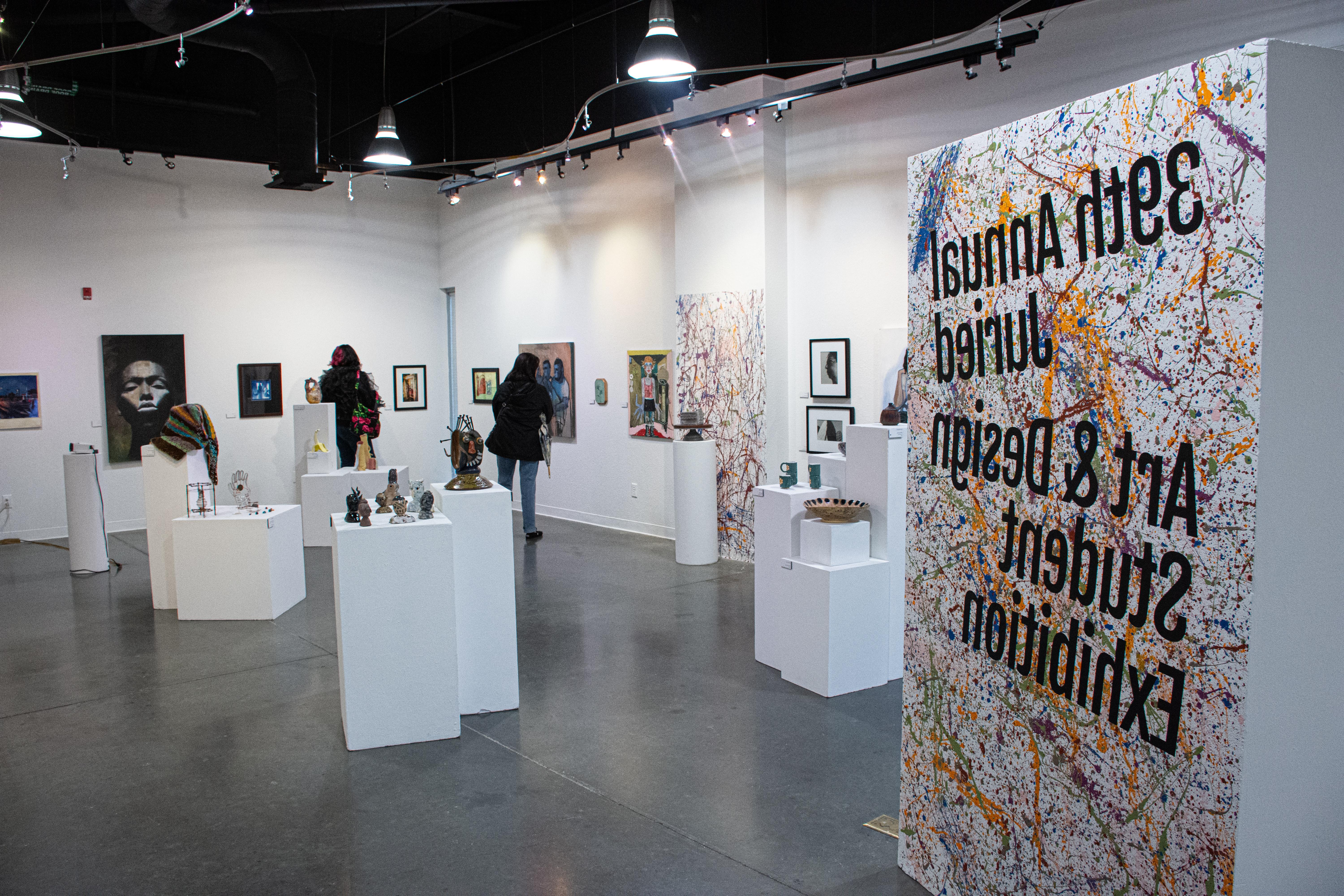 Wide shot of the galery space with art 
